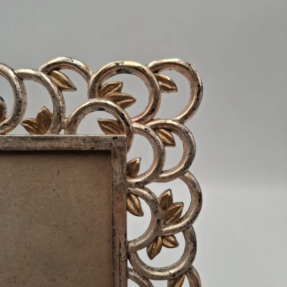 Vintage 1996 Elsa L Inc Picture Frame Silver Gold Leaf Filigree Scroll 3.5x5